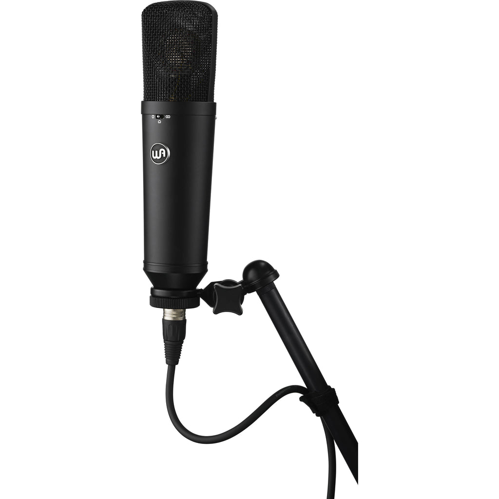 Warm Audio WA-87 R2 condenser microphone shown with metal body, grille, and control switches, ideal for studio recording.