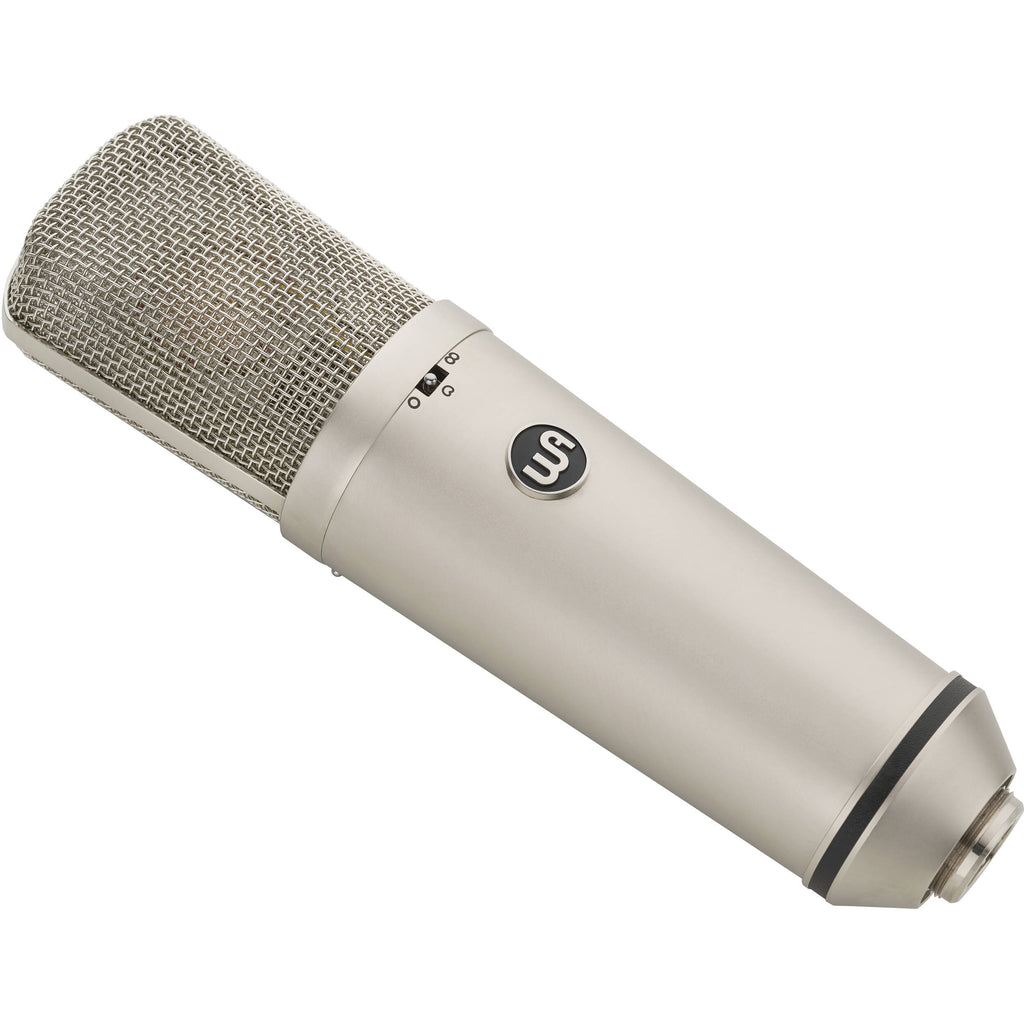 Warm Audio WA-87 R2 condenser microphone shown on a stand with a metal grille and body, ideal for studio recording.