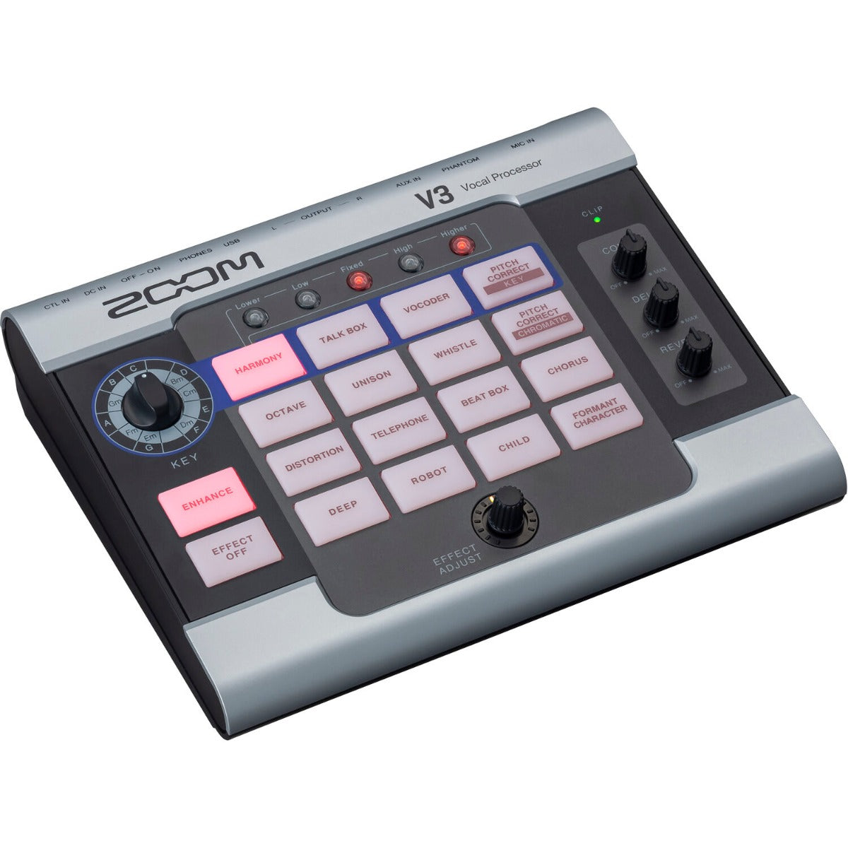 Zoom V3 vocal processor, featuring multiple effects and controls, displayed on a wooden surface with vibrant LED indicators.