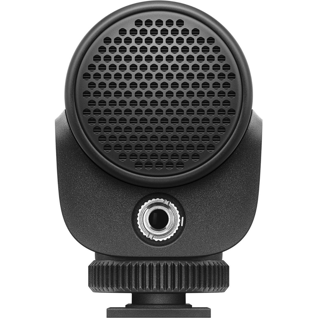 Sennheiser MKE 200 camera microphone attached to a camera, showcasing compact design and professional audio recording capabilities.