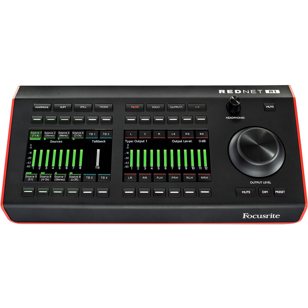 Focusrite RedNet R1 studio monitor controller with digital display and multiple input options for professional audio management.