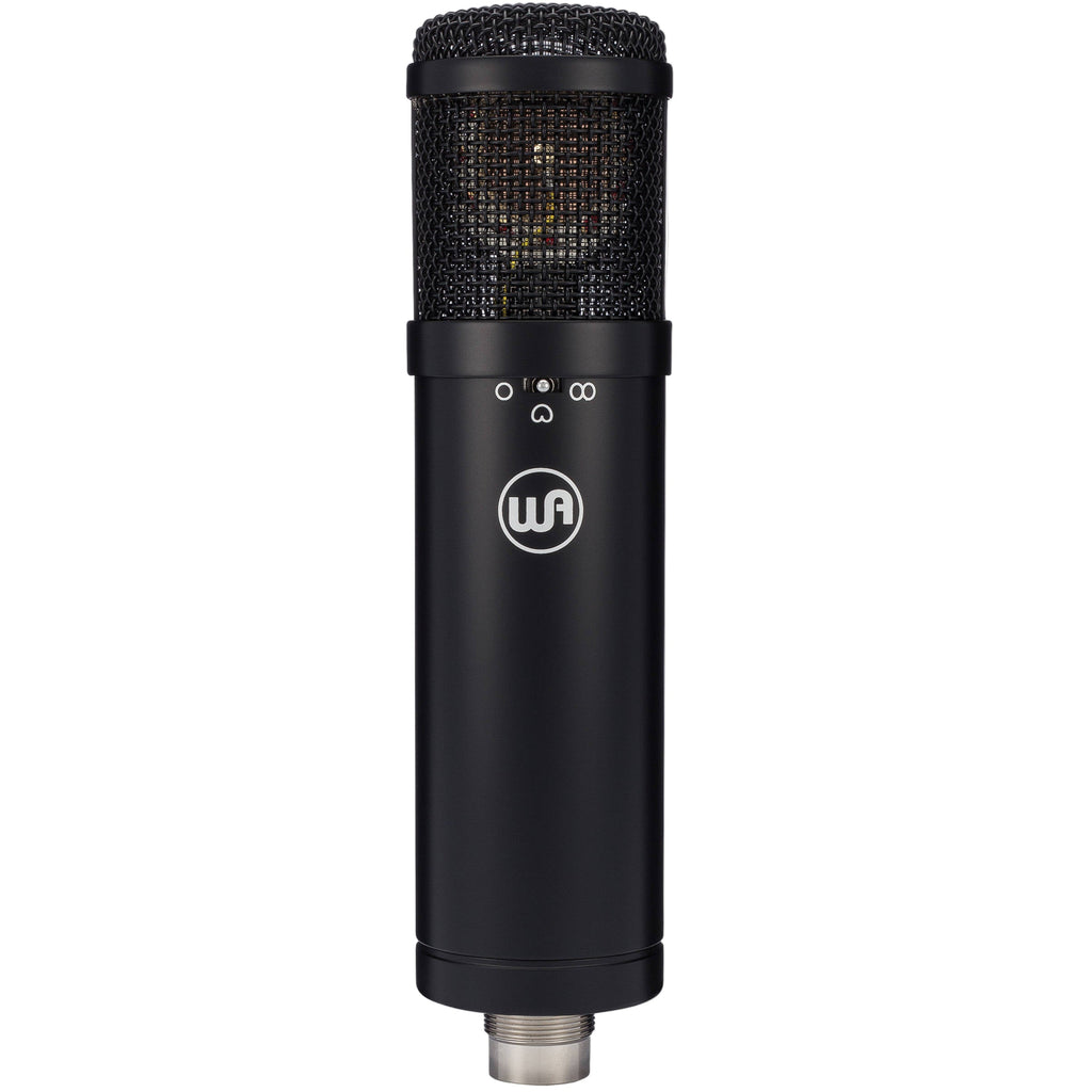 Warm Audio WA-47jr condenser microphone shown with its sleek black body and vintage-style grille for studio recording.