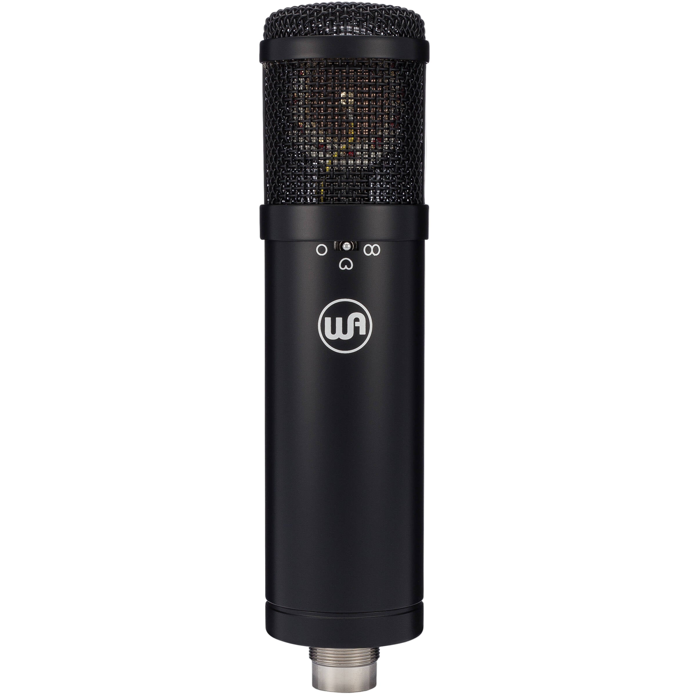 Warm Audio WA-47jr condenser microphone shown with its sleek black body and vintage-style grille for studio recording.
