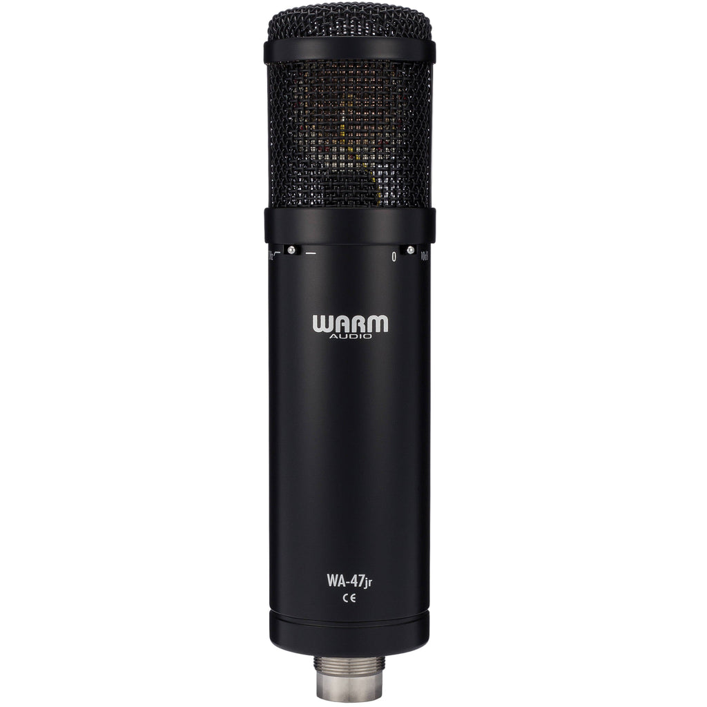 Warm Audio WA-47jr condenser microphone with vintage-style metal body and grille, designed for studio recording.