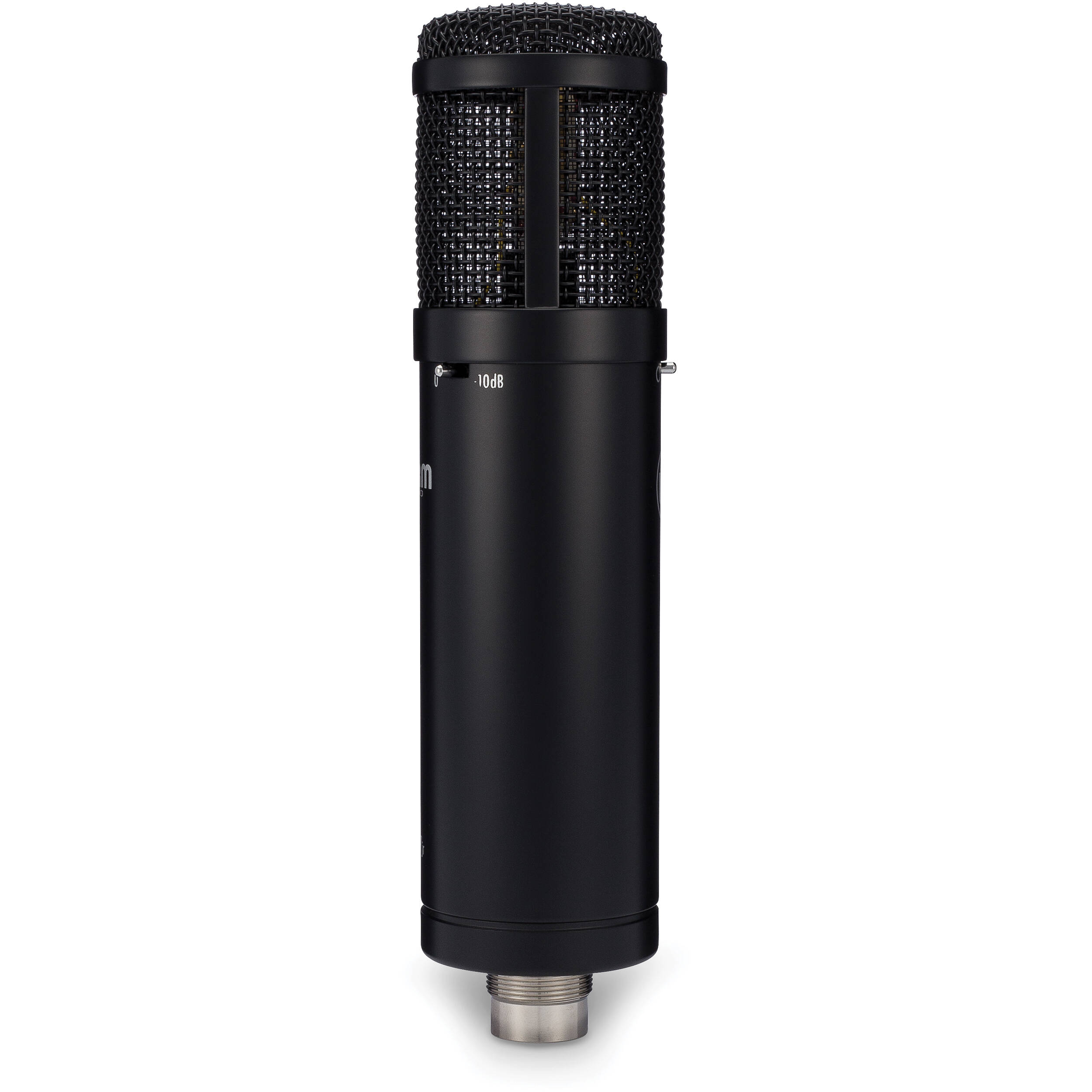 Warm Audio WA-47jr condenser microphone mounted on a stand, featuring vintage-style design and gold-colored grille.