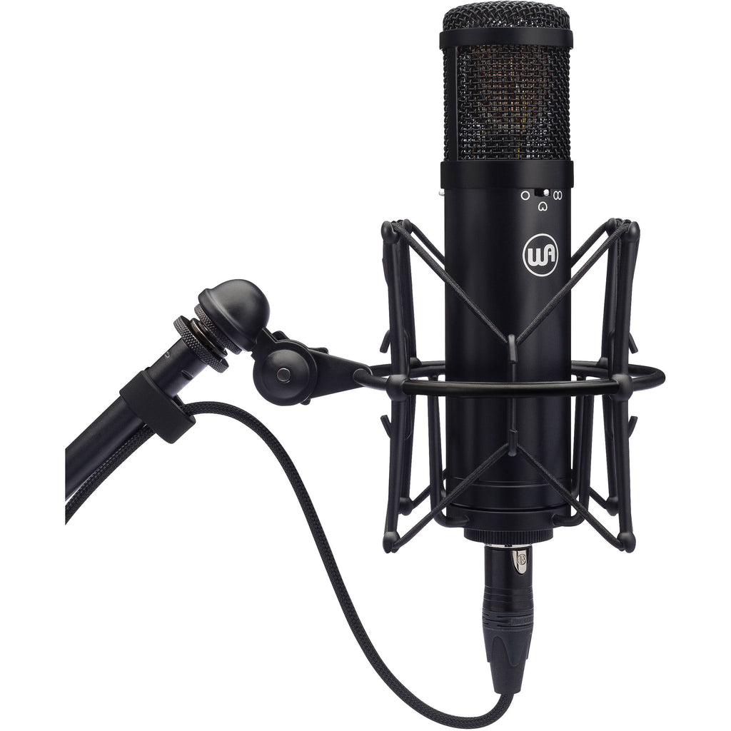 Warm Audio WA-47jr condenser microphone with vintage-style metal body and detachable shock mount for studio recording.
