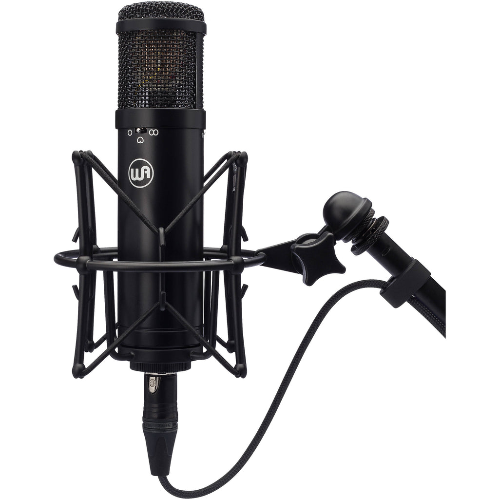 Warm Audio WA-47jr condenser microphone on stand, compact professional studio microphone for vocals and instruments.