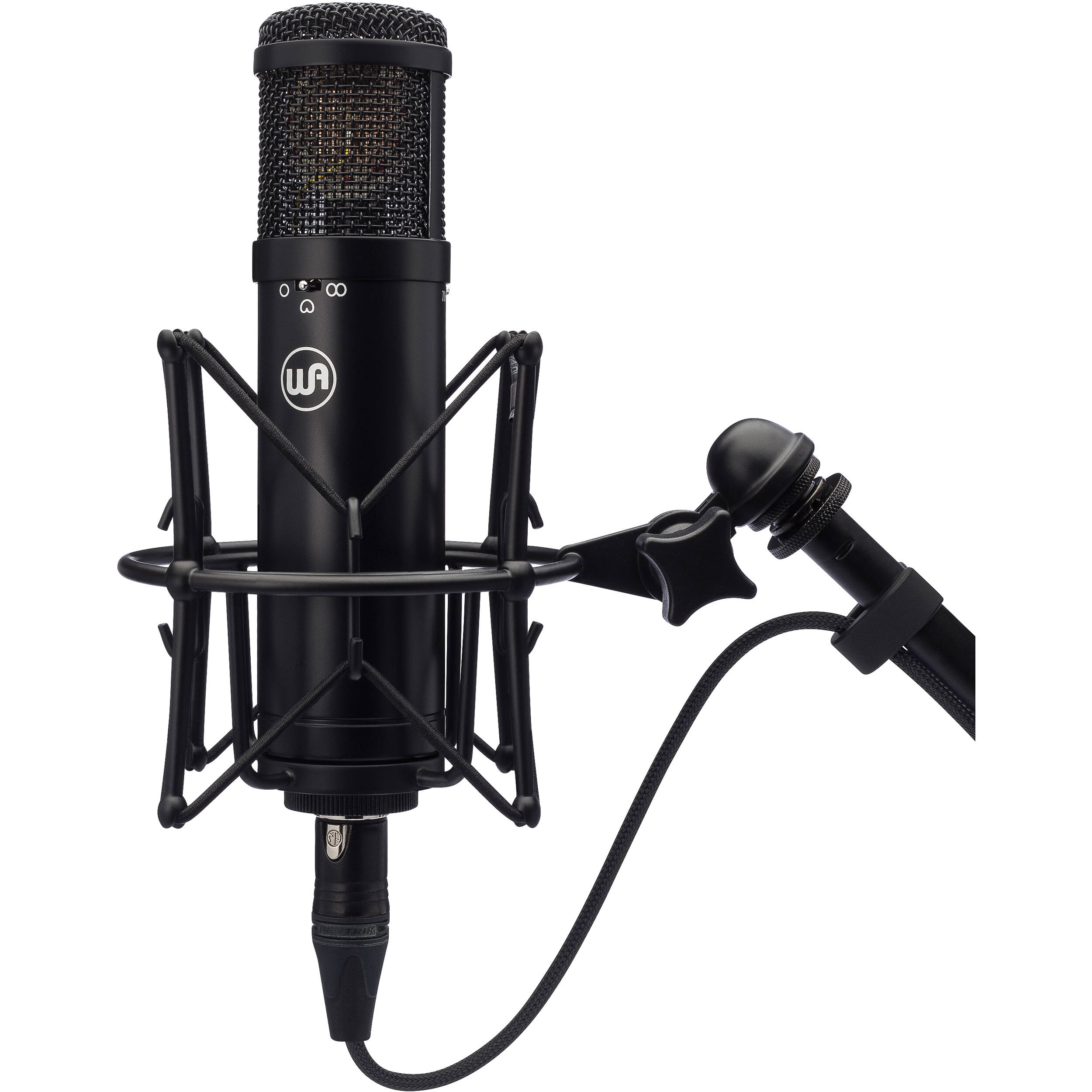 Warm Audio WA-47jr condenser microphone on stand, compact professional studio microphone for vocals and instruments.