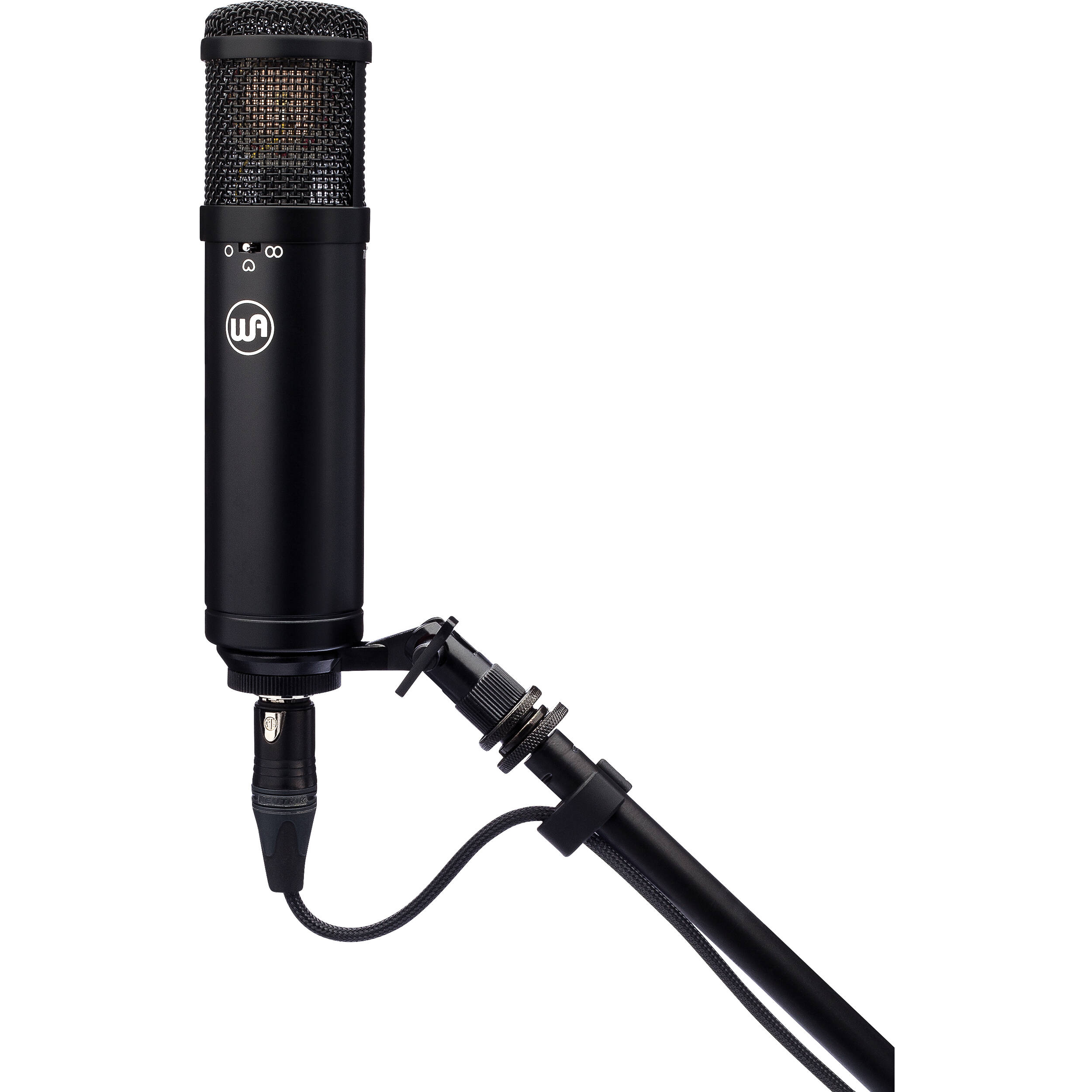Warm Audio WA-47jr condenser microphone shown with vintage-style design and silver finish, ideal for professional recording.