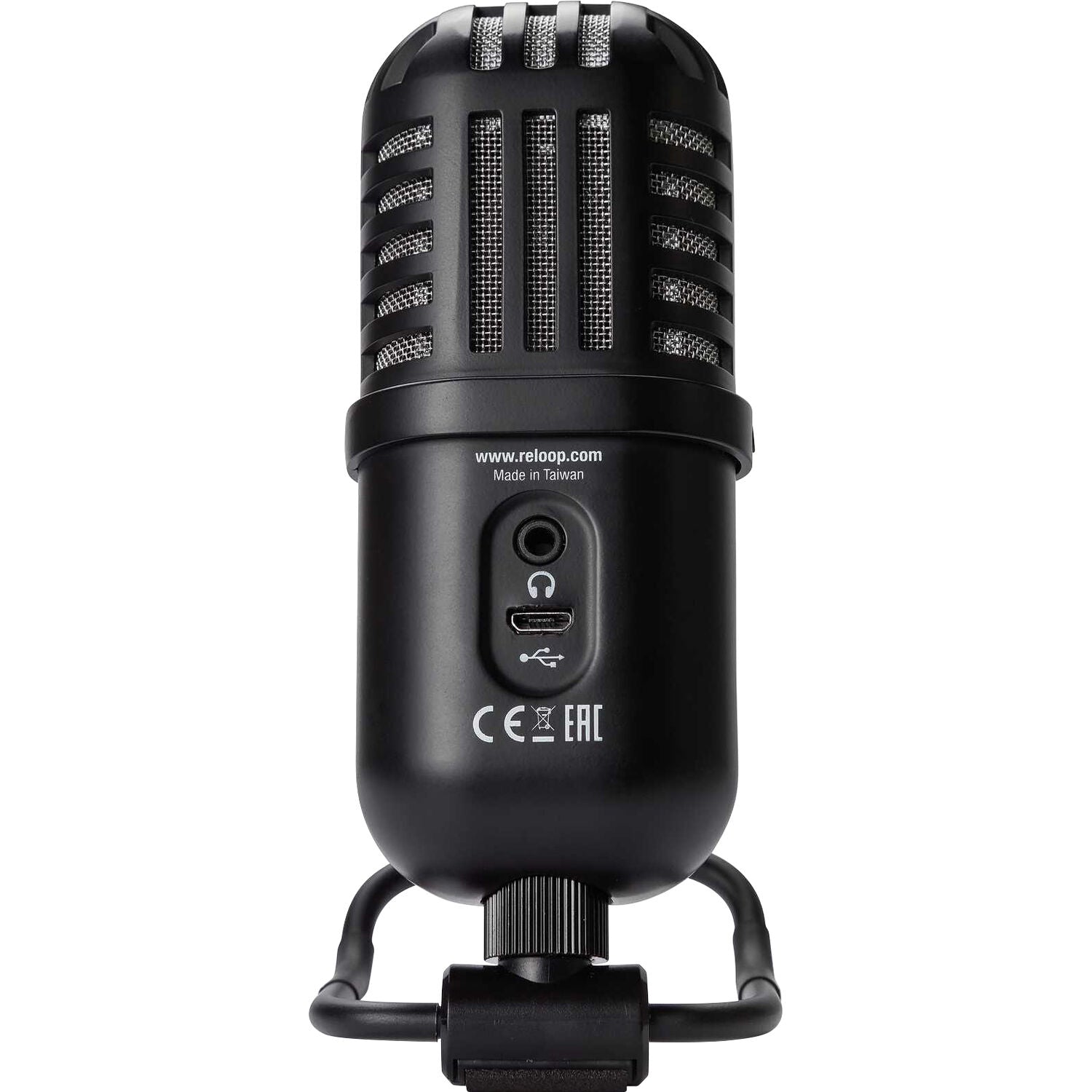 Reloop sPodcaster Go USB microphone with built-in stand and control buttons for podcasting and streaming.