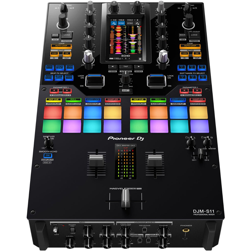 Pioneer DJM-S11 DJ mixer with dual screens and intuitive controls, set on a sleek black surface.