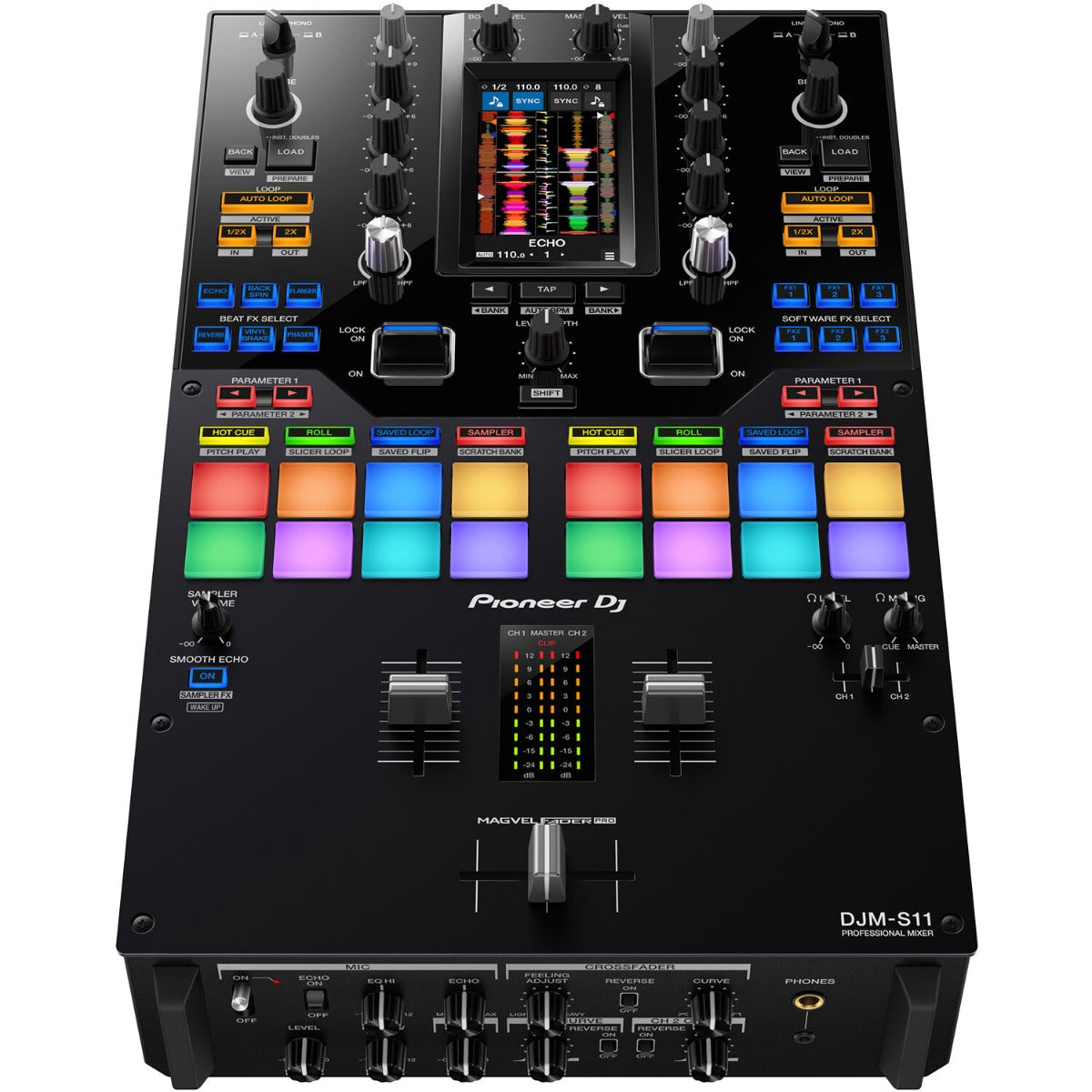 Pioneer DJM-S11 DJ mixer with dual screens and intuitive controls, set on a sleek black surface.