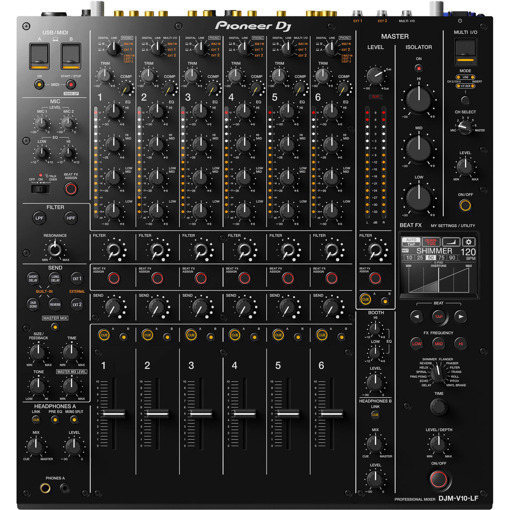 Pioneer DJ DJM-V10-LF professional DJ mixer with multiple channels, digital displays, and sleek black design.