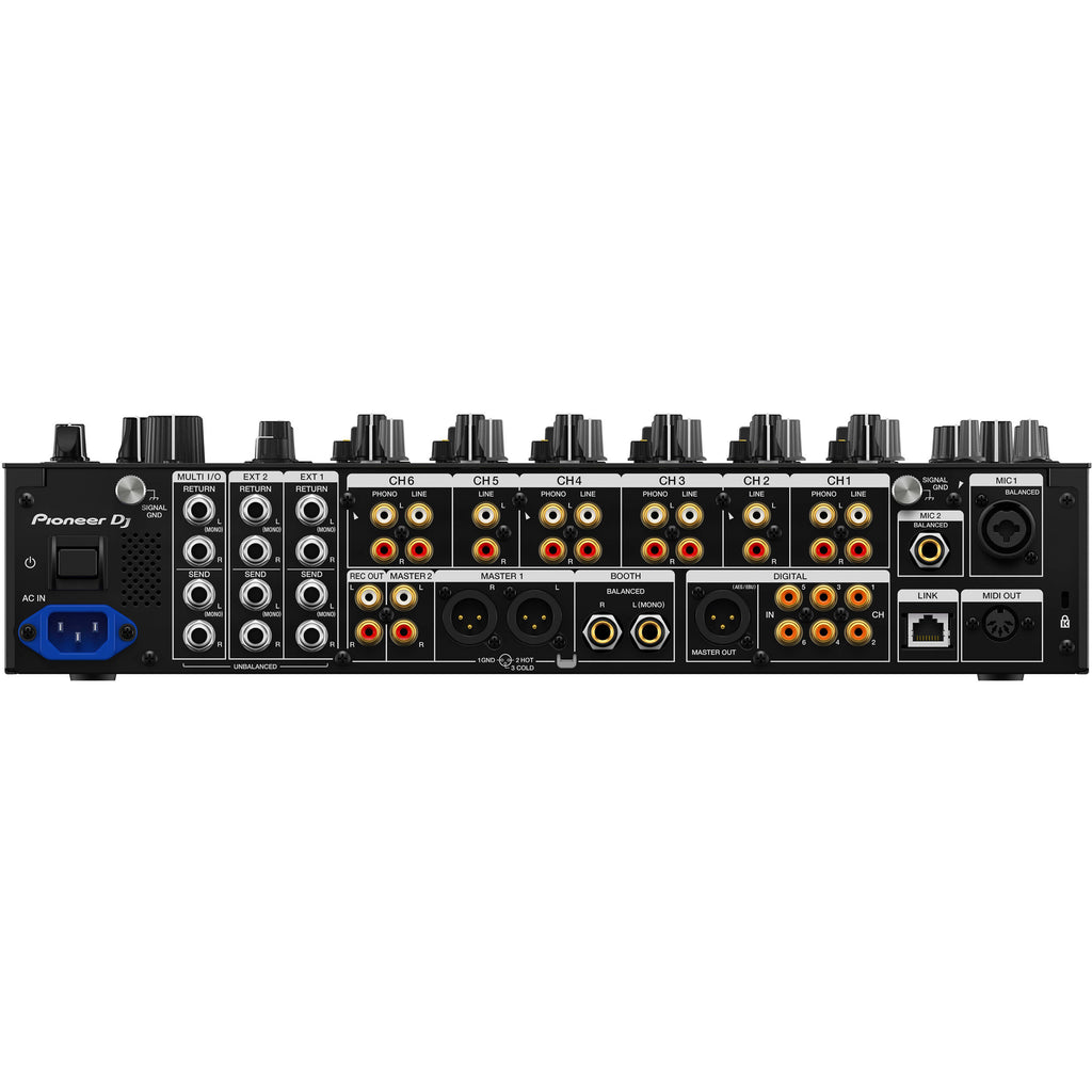 Pioneer DJM-V10-LF DJ mixer with multiple channels, colorful LED meters, and professional controls for DJ performances.