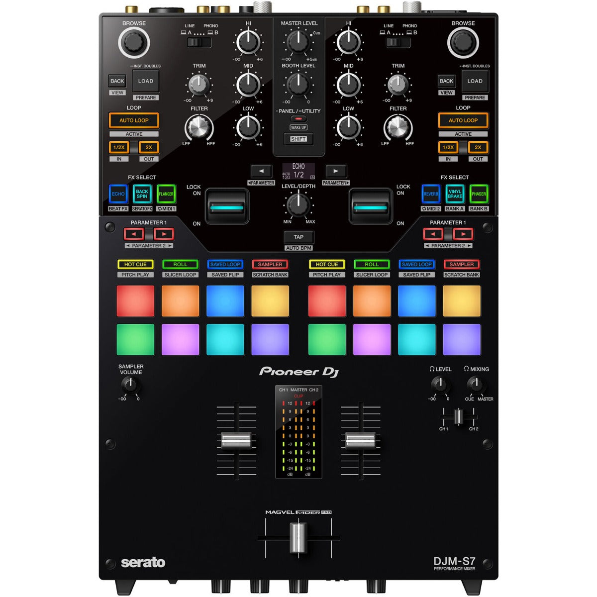 Pioneer DJM-S7 DJ mixer with dual channel faders and colorful performance pads, ideal for live DJ sets.