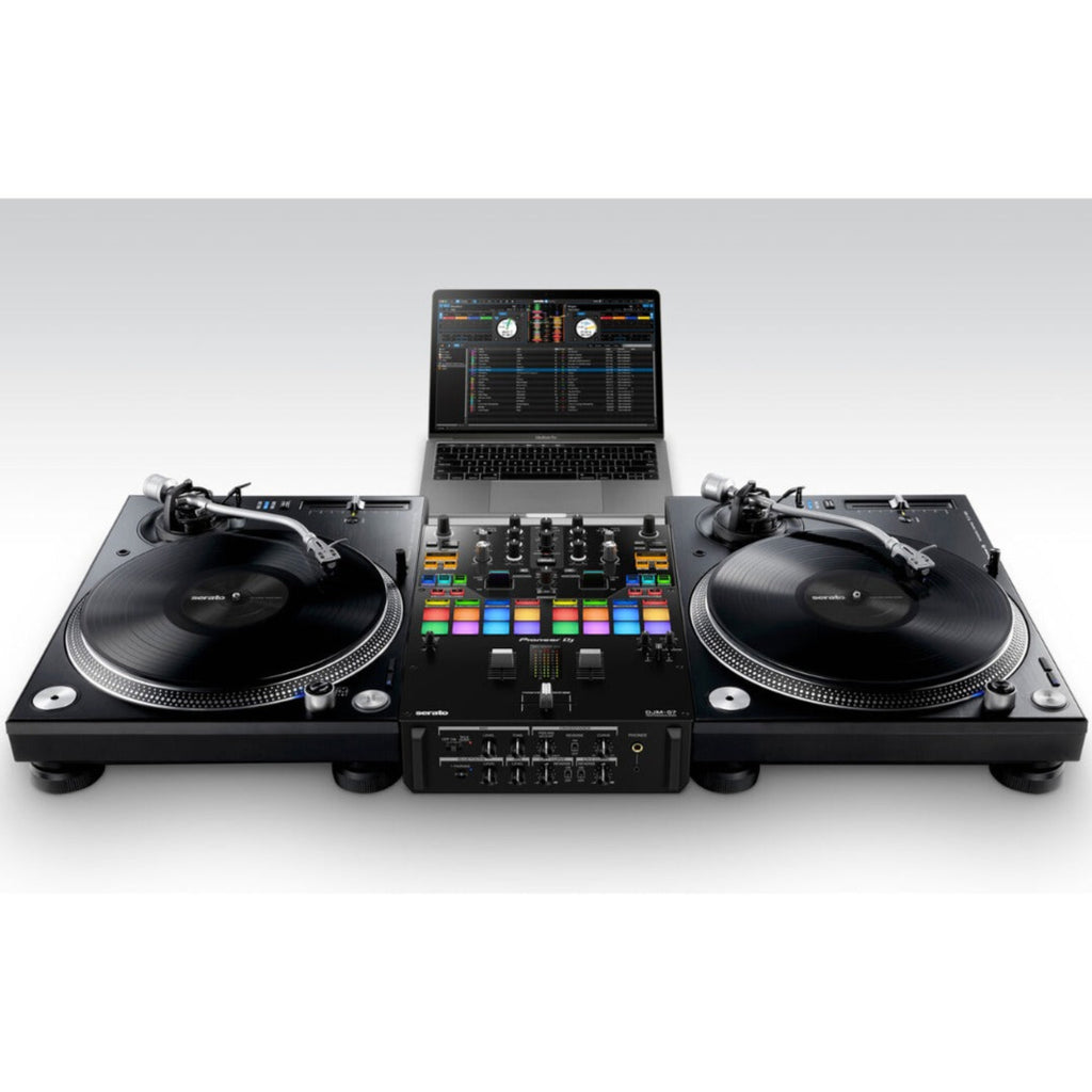 Pioneer DJM-S7 mixer with dual channel faders and colorful LED displays for professional DJ performance.