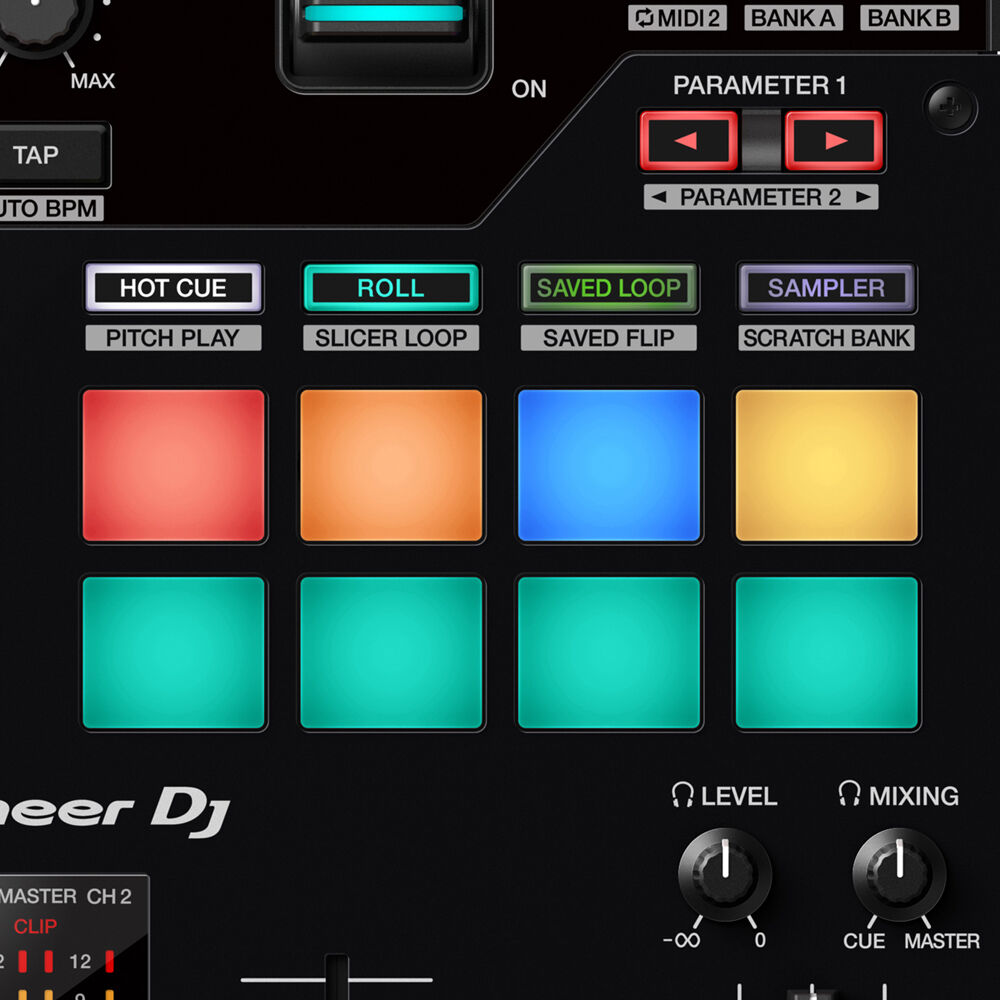 Pioneer DJM-S7 DJ mixer with sleek black design and intuitive layout of knobs and faders for professional mixing.