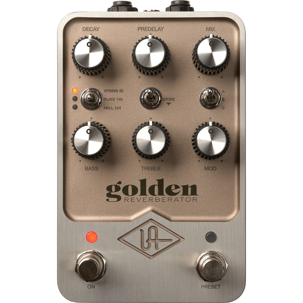 Universal Audio UAFX Golden Reverberator effects pedal showcasing a sleek design with knobs and inputs for sound modulation.