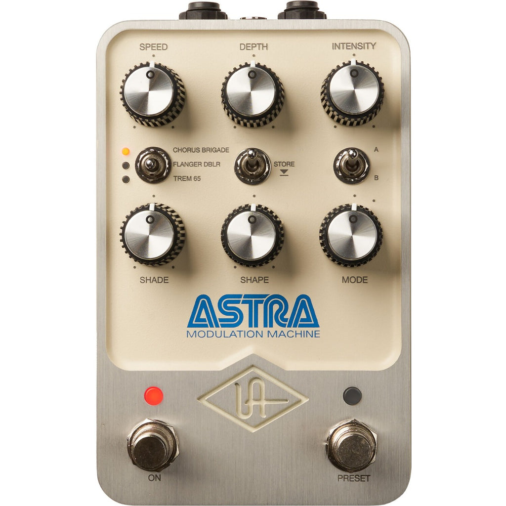 Universal Audio UAFX Astra Modulation Machine with knobs and switches, showcasing a sleek design for guitar effects.
