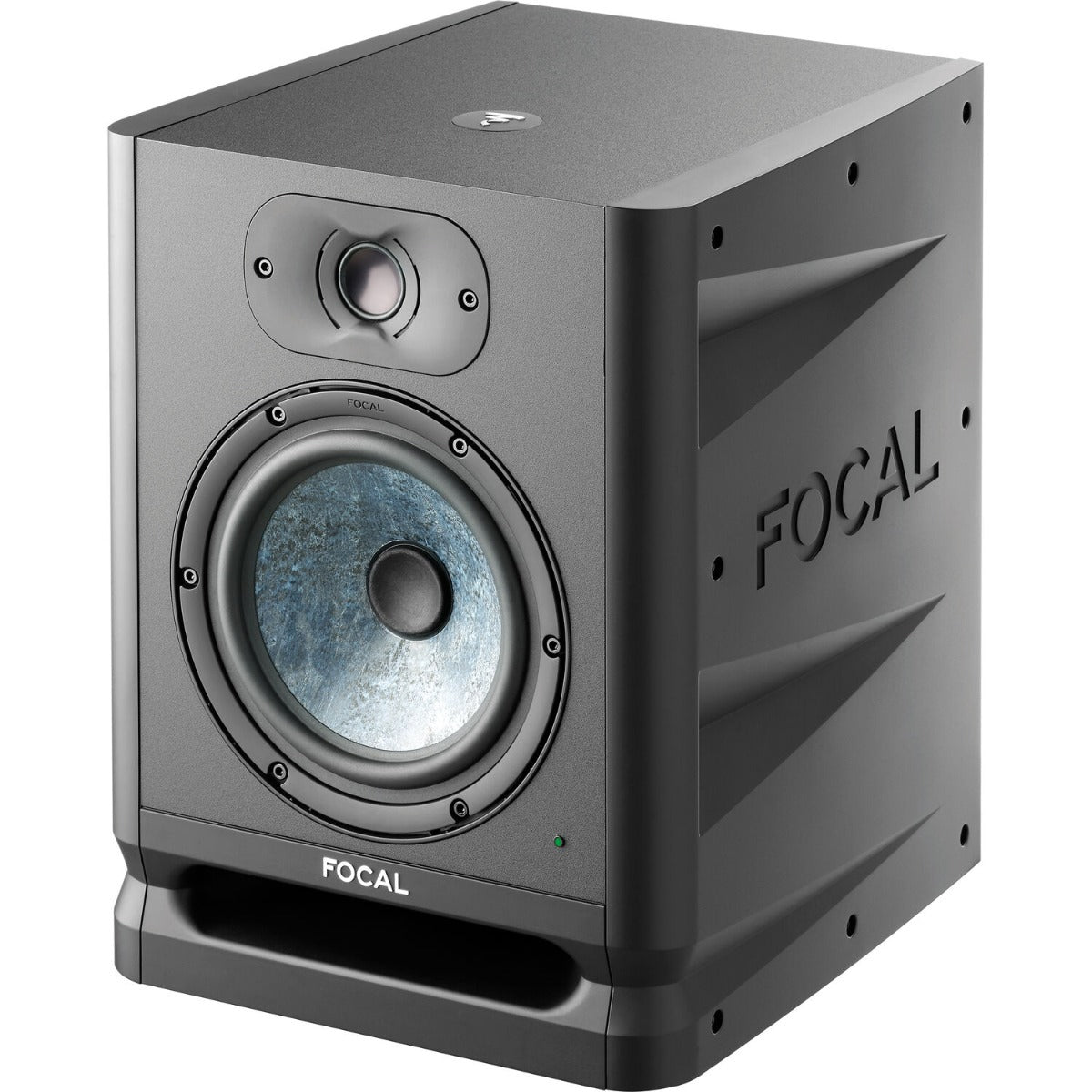 Focal Alpha 65 Evo active nearfield monitor speaker with black enclosure and control knobs on the front.