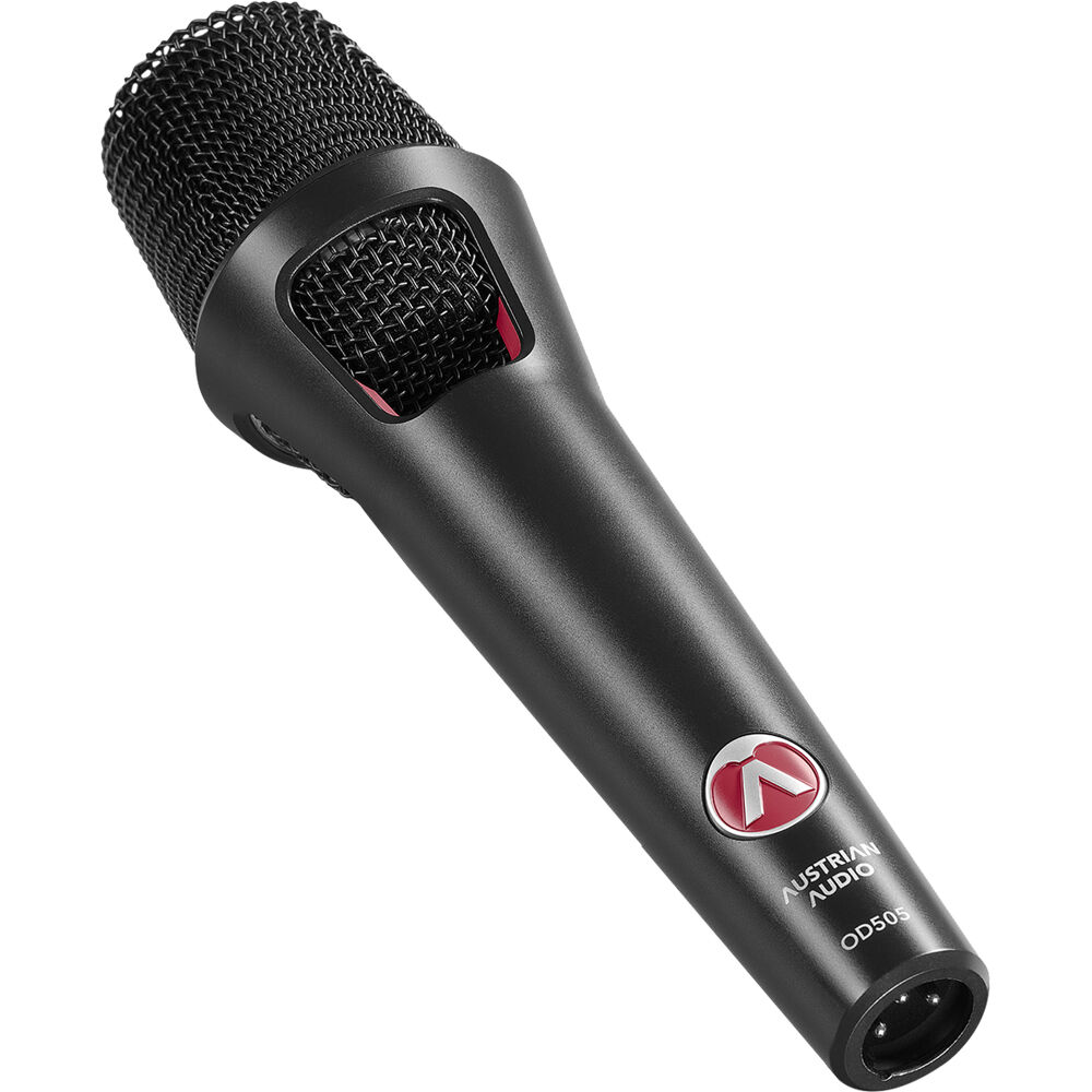 Austrian Audio OD505 dynamic microphone with a black grille and body, suitable for vocals and live sound applications.