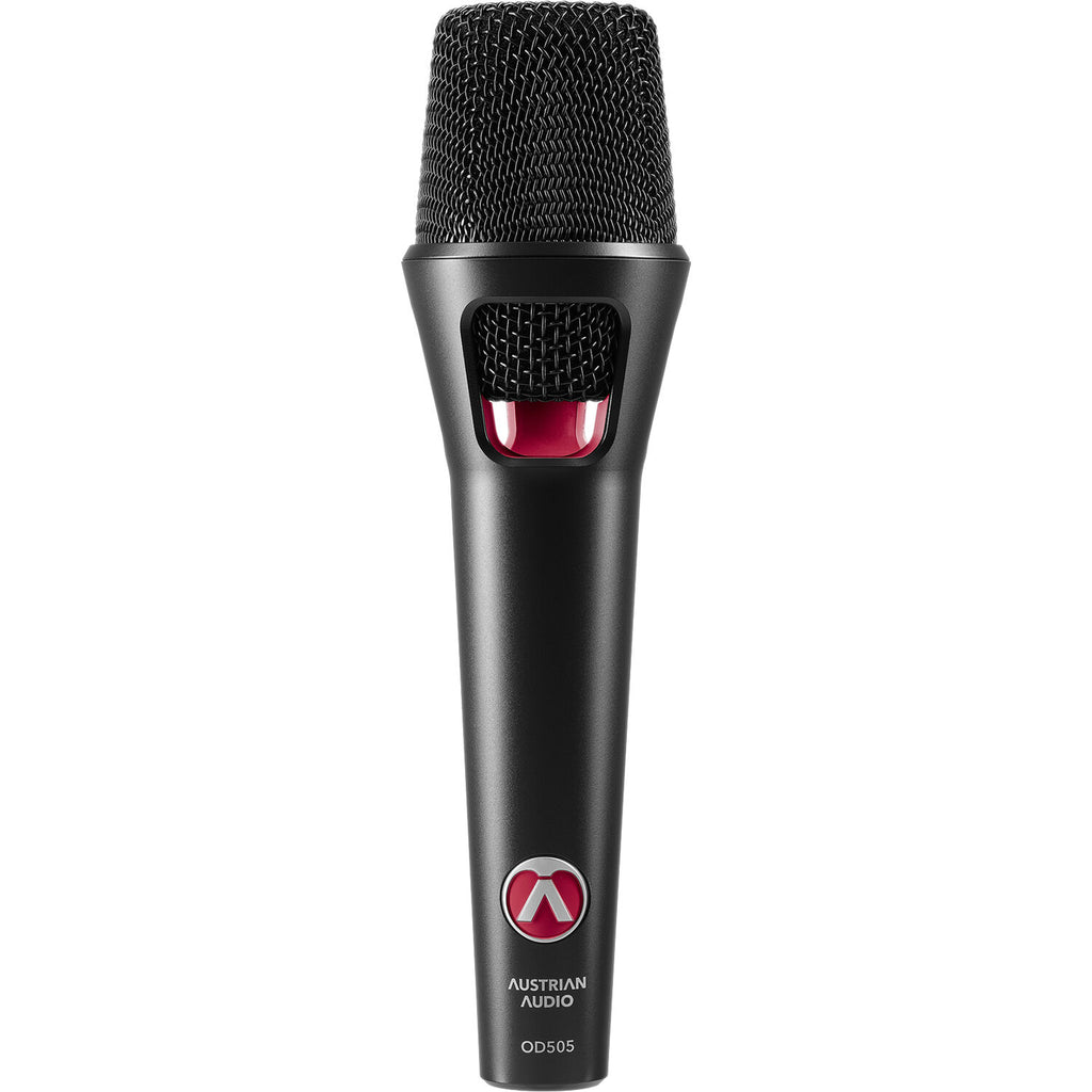 Austrian Audio OD505 dynamic microphone with black body and grille, ideal for studio or live vocal and instrument recording.