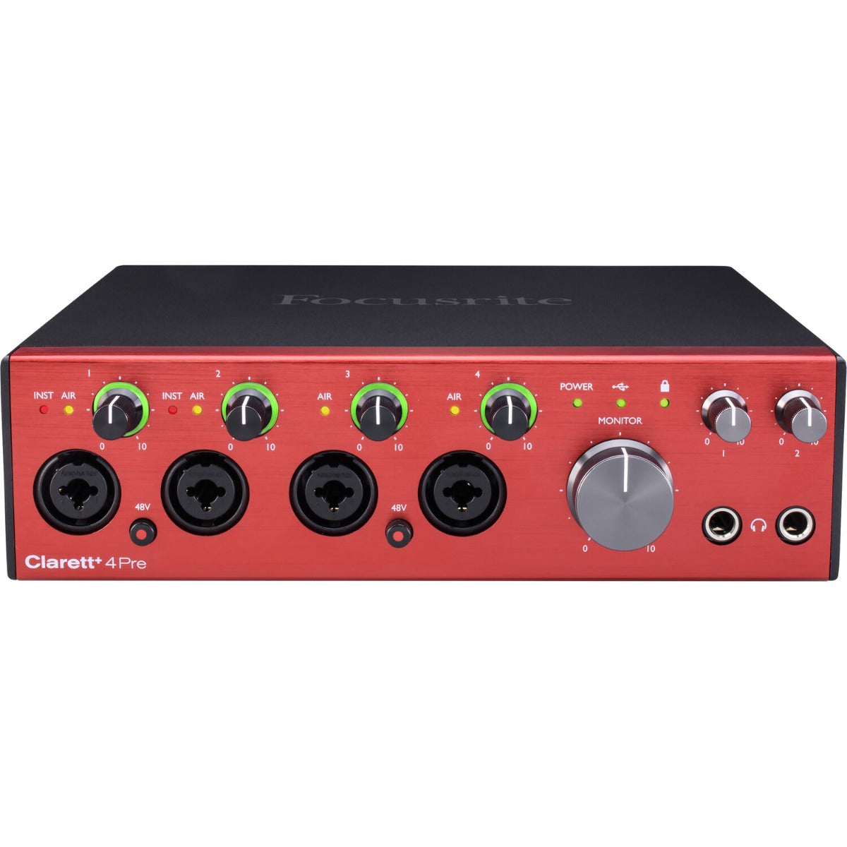 Focusrite Clarett+ 4Pre audio interface with multiple input and output ports, professional-grade design, and LED level indicators.