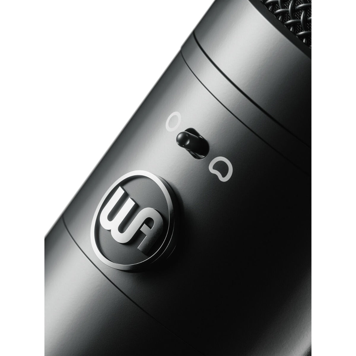 Warm Audio WA-8000 condenser microphone with black body and silver grille, positioned on a stand for professional audio recording.