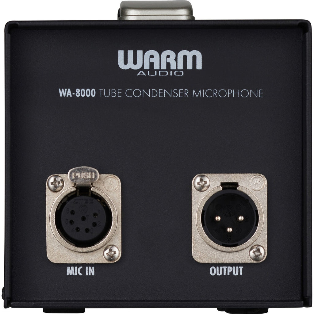 Warm Audio WA-8000 condenser microphone shown with a black body and silver grille, suitable for studio recording.
