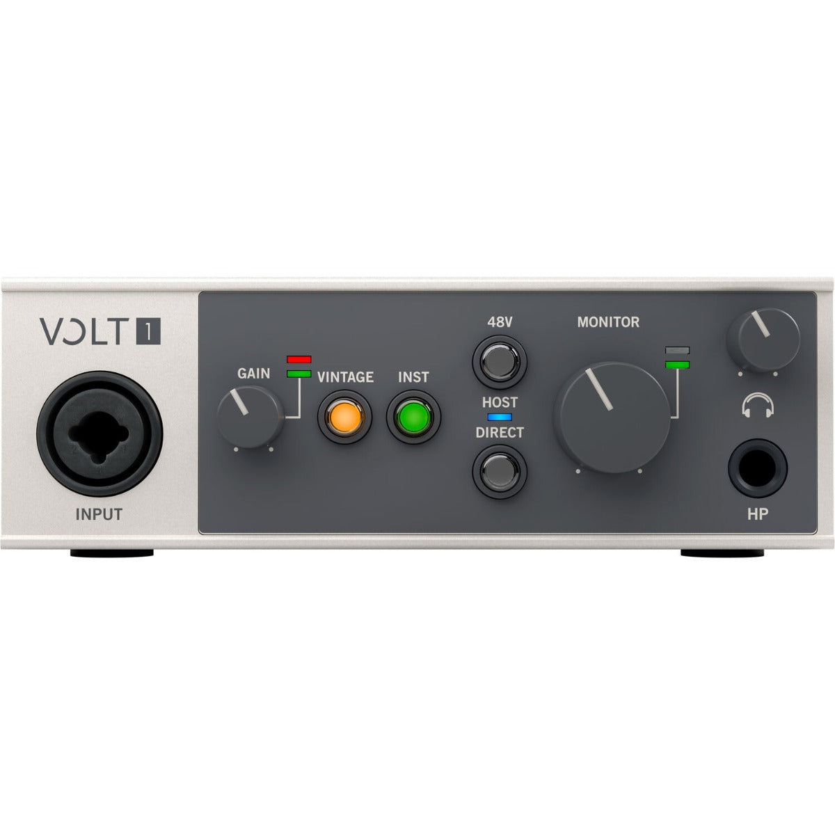 Universal Audio Volt 1 audio interface shown with input and output ports on a sleek black device.