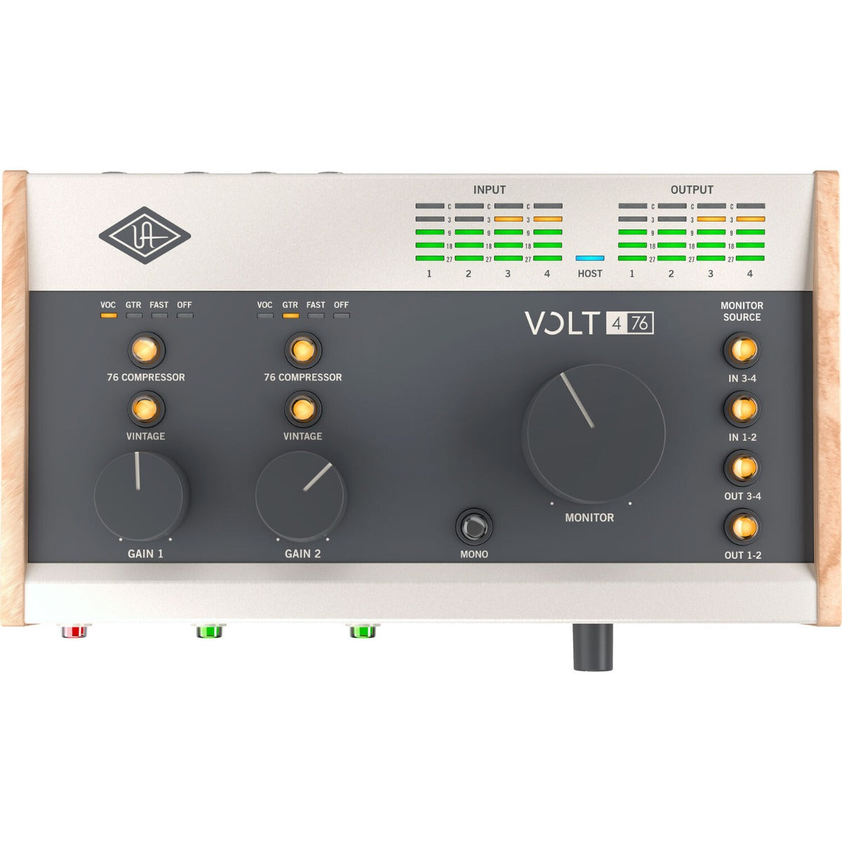 Universal Audio Volt 476 audio interface with multiple input/output options and sleek design, featuring control knobs and LED indicators.