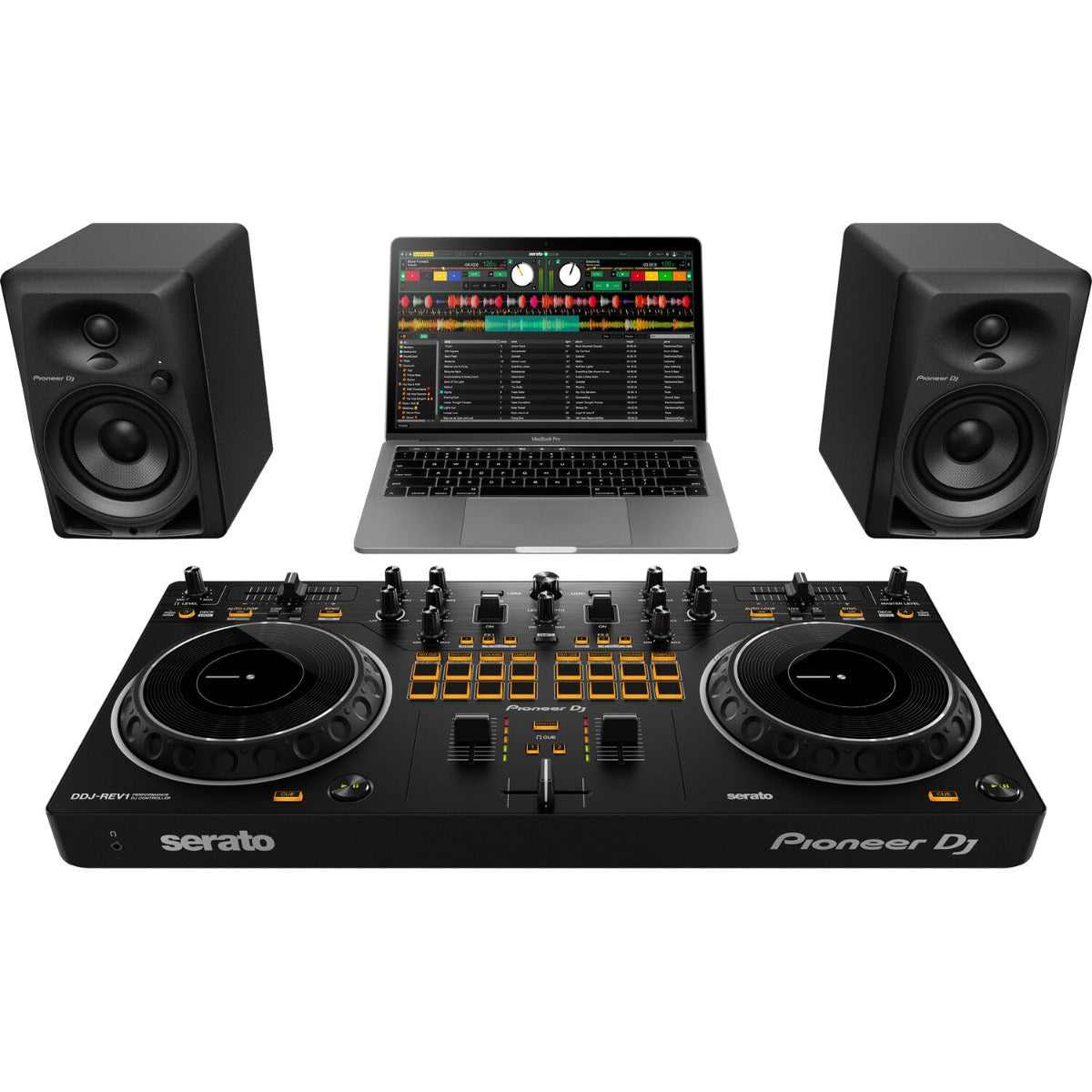 Pioneer DJ DDJ-REV1 black DJ controller with jog wheels, mixer pads, and control knobs for professional DJ setup