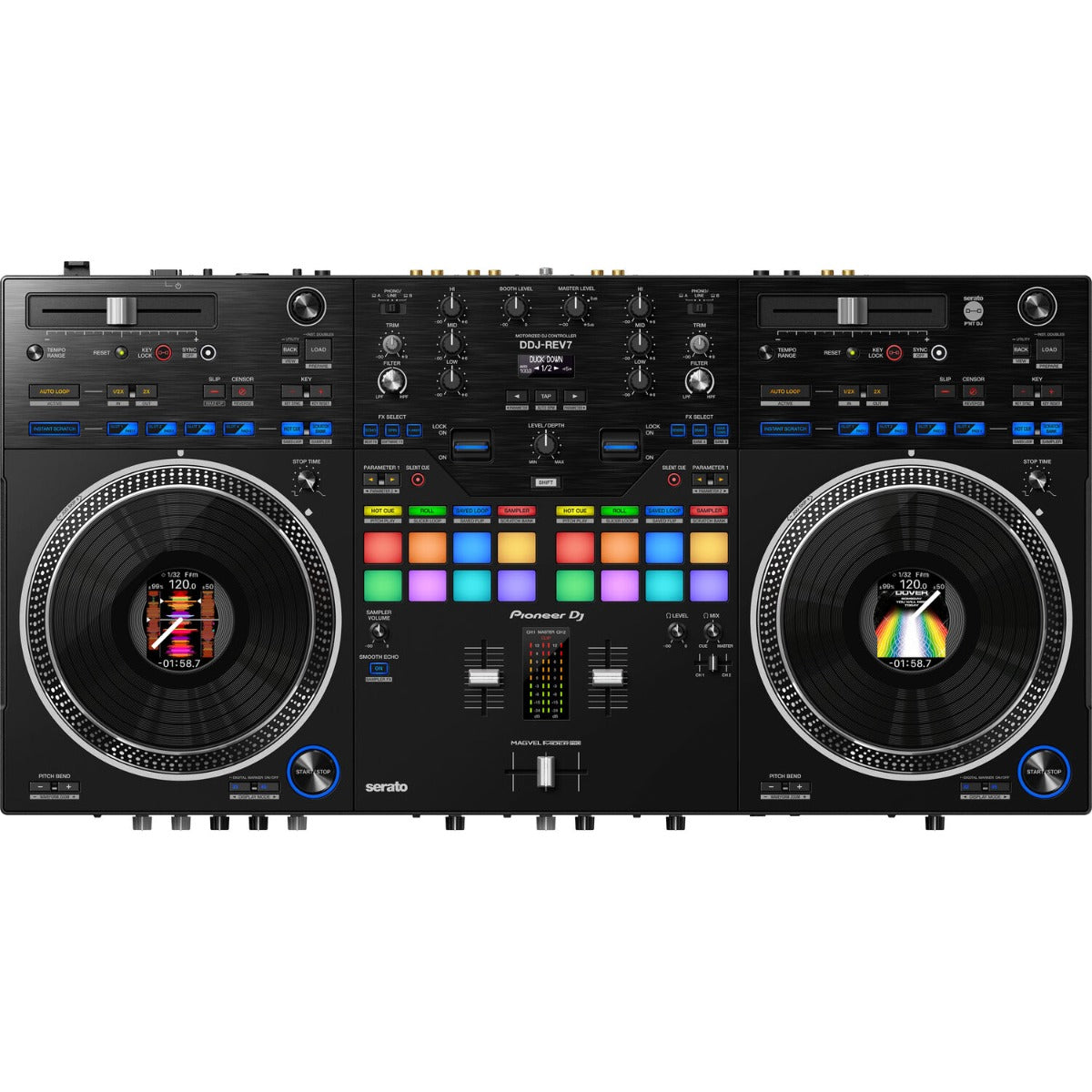 Pioneer DDJ-REV7 black DJ controller with jog wheels and mixer layout for seamless music mixing and performance.