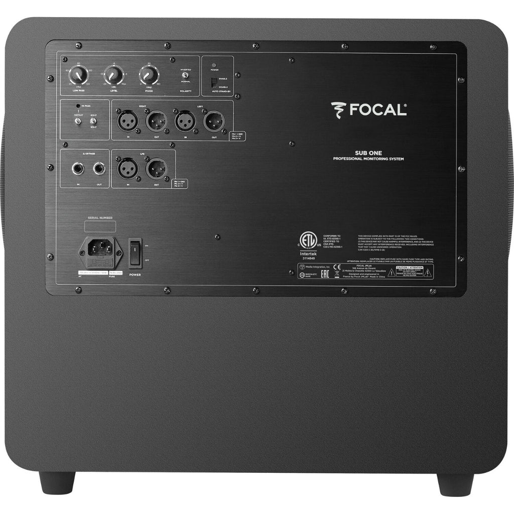 Focal Sub One subwoofer for Evo Series, showcasing a sleek black subwoofer with control panel and speaker grille design.