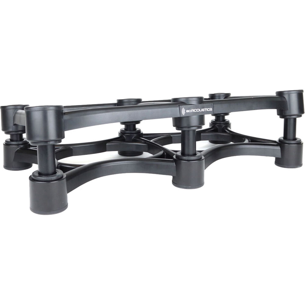 IsoAcoustics ISO-430 studio monitor stands shown with sleek black design and adjustable height for optimal speaker positioning.