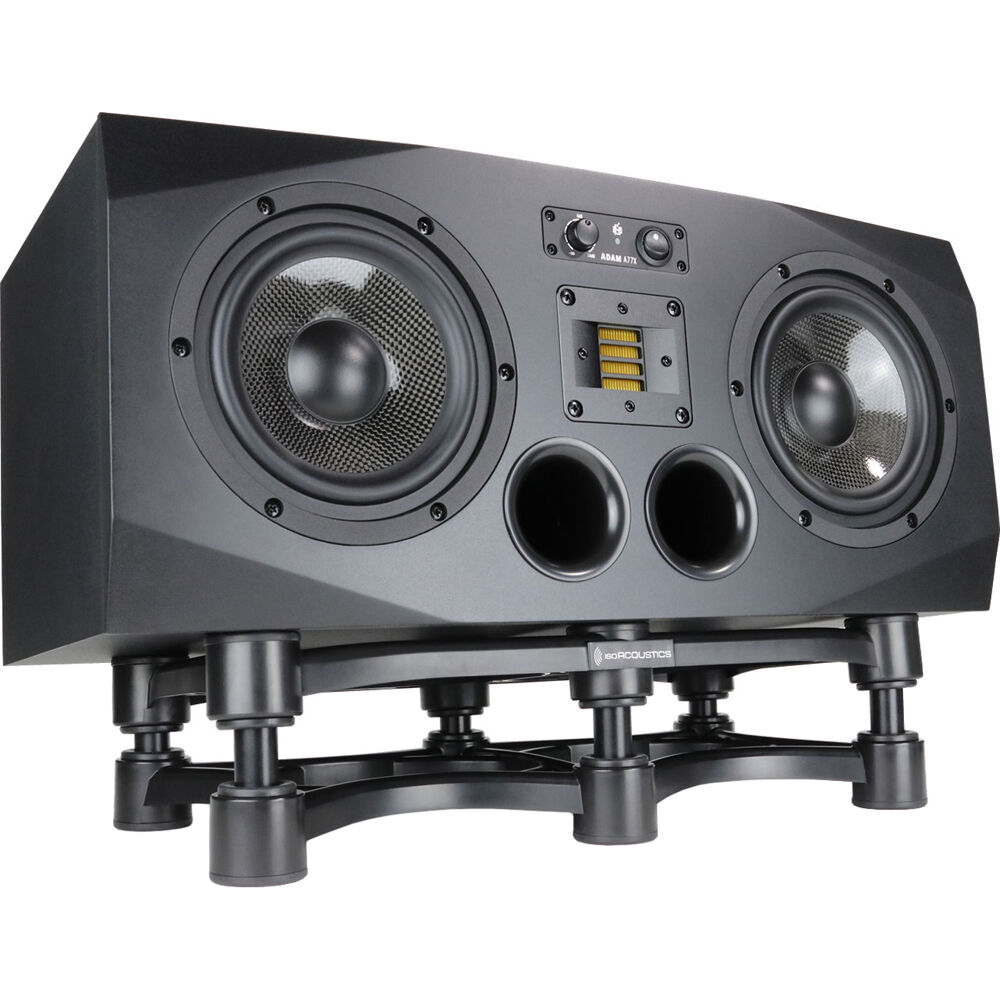 IsoAcoustics ISO-430 studio monitor stands with sleek design and adjustable height for optimal speaker positioning.