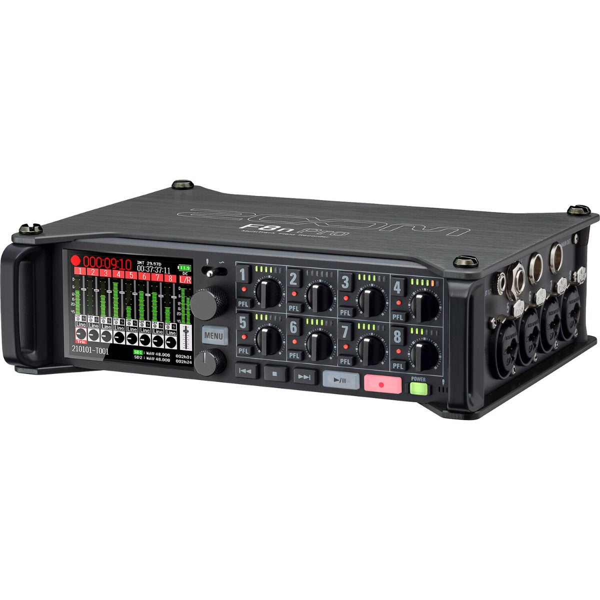 Zoom F8n Pro digital recorder with multiple input channels and a sleek design, showcasing buttons and display.