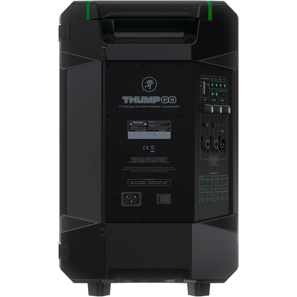 Mackie Thump GO portable PA speaker with carrying handle and control panel, designed for music and sound reinforcement.