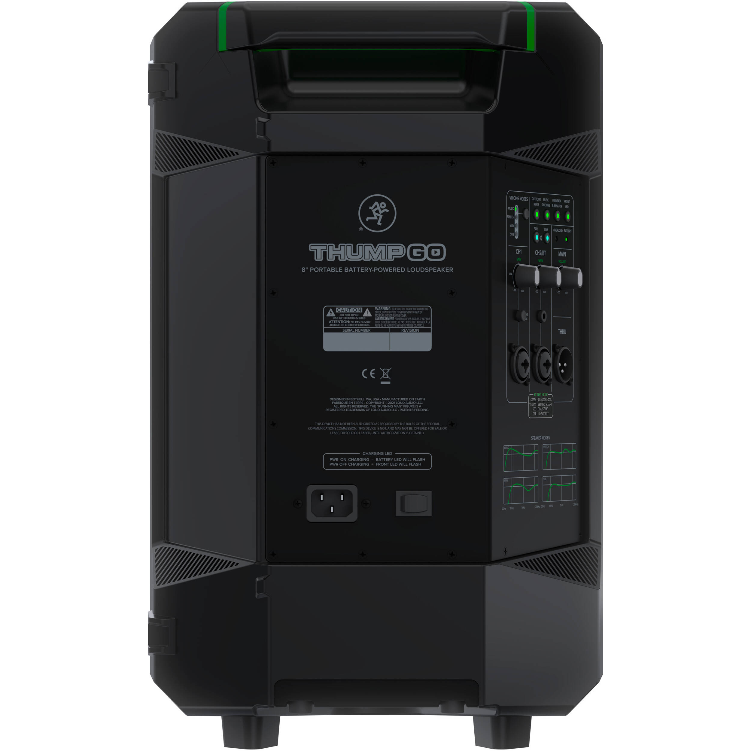 Mackie Thump GO portable PA speaker with carrying handle and control panel, designed for music and sound reinforcement.