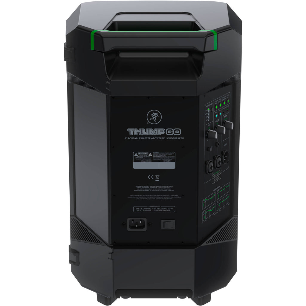 Mackie Thump GO portable PA speaker with handle and control panel, designed for mobile sound reinforcement and live performances.