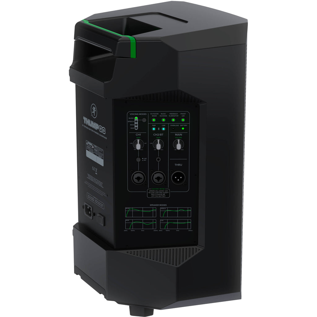 Mackie Thump GO portable PA speaker with handle and control panel, designed for mobile sound amplification.