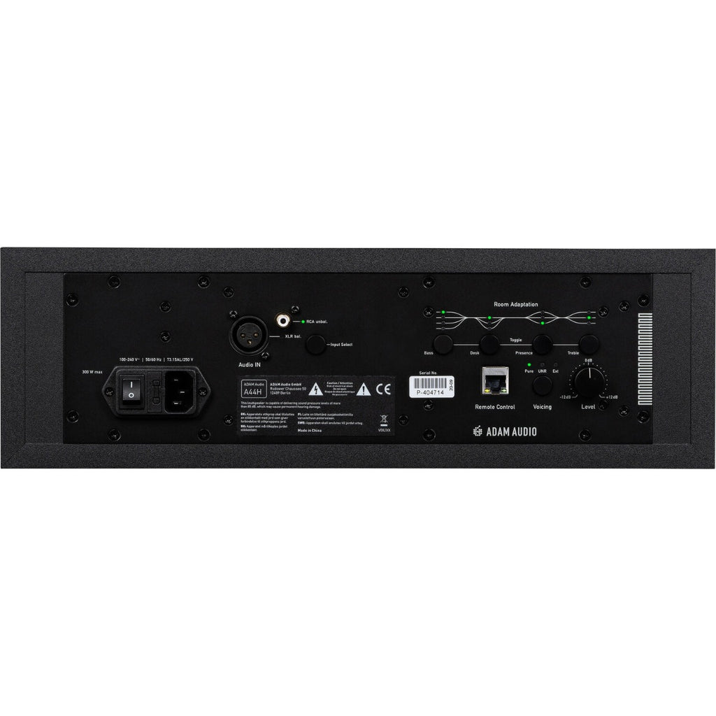 Adam Audio A44H mid-field and main studio monitors with sleek black design and custom drivers for professional sound reproduction.