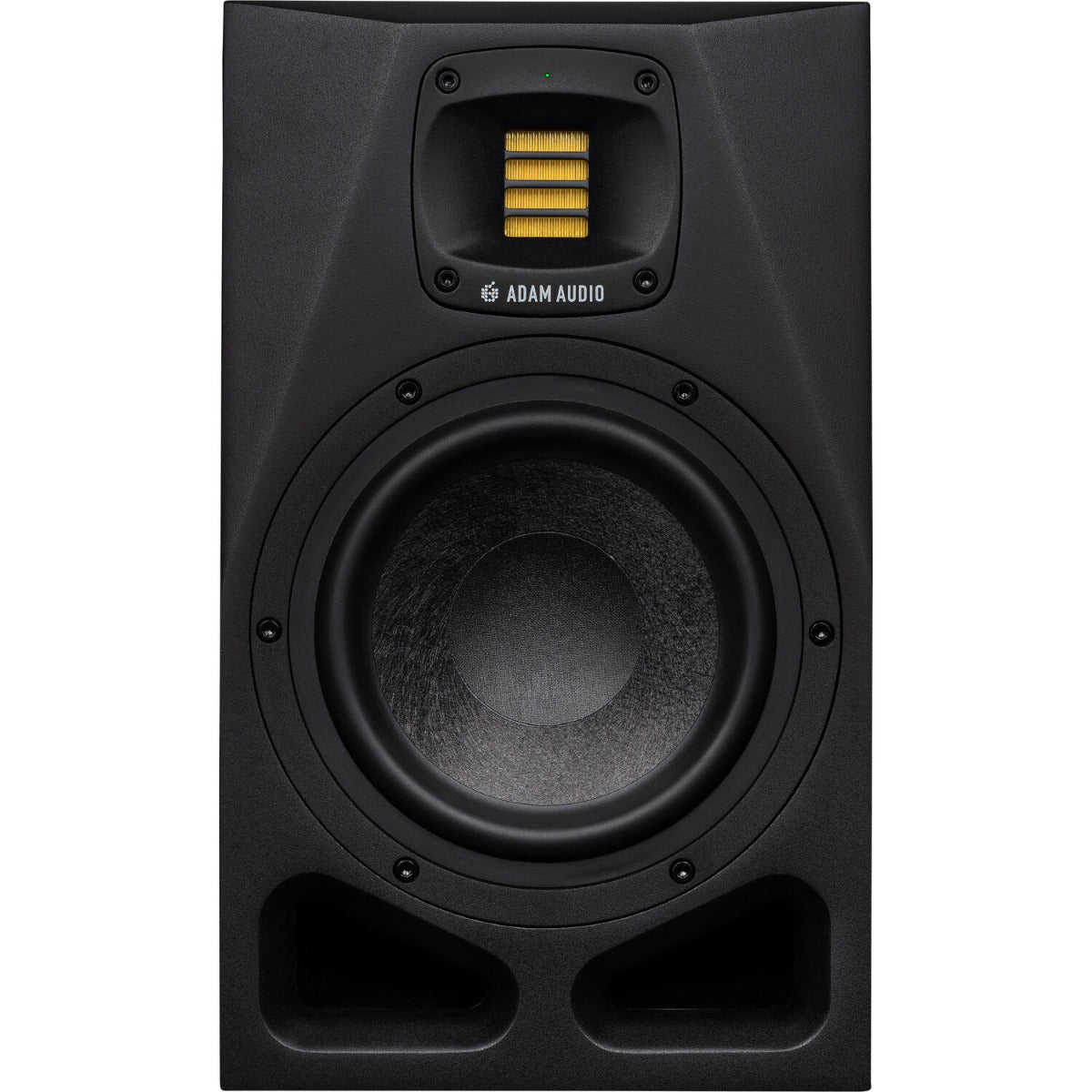 Adam Audio A7V active nearfield monitors with sleek black cabinets and detailed speaker drivers in a professional studio setting.