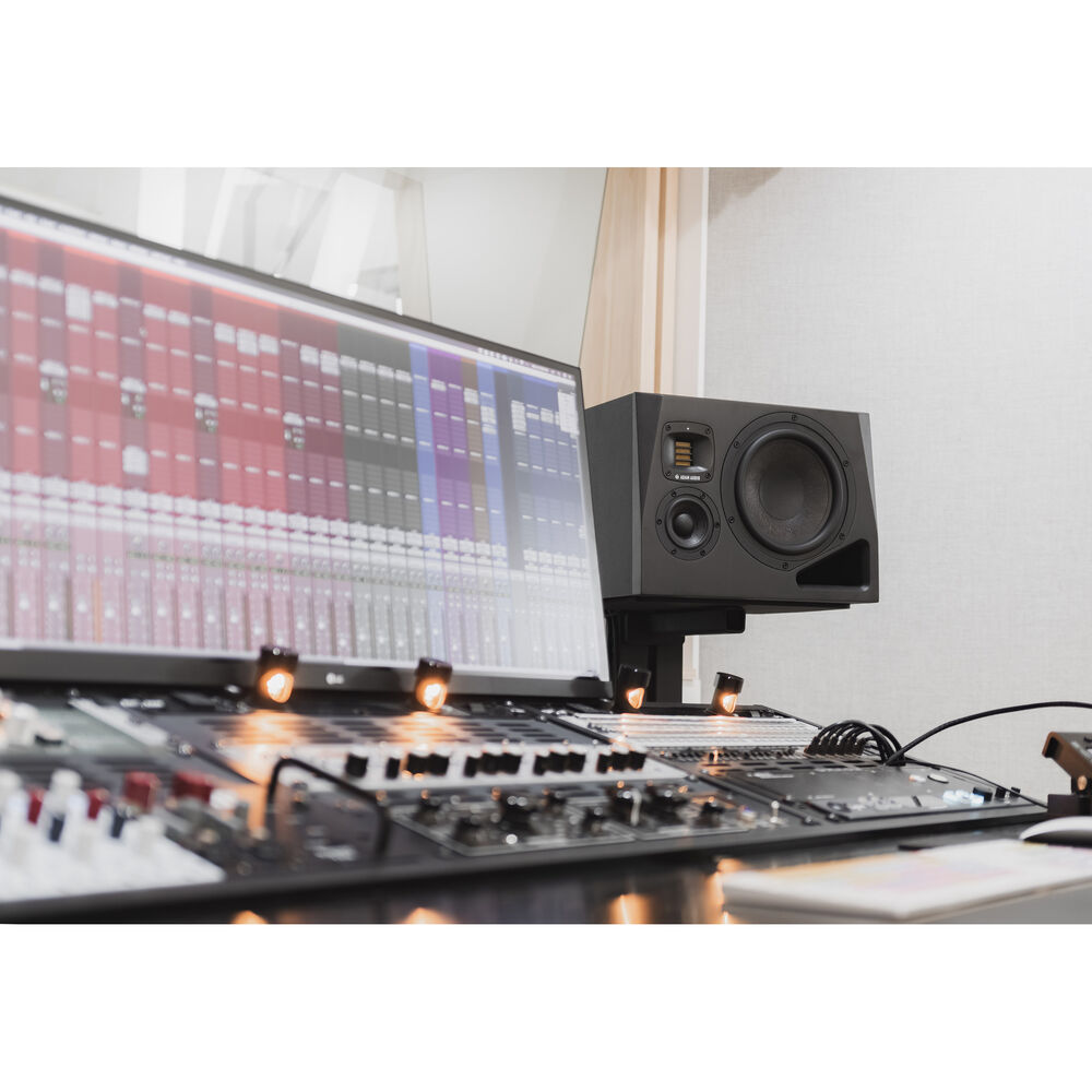 Adam Audio A8H right mid-field and main monitor speaker showing sleek black enclosure and detailed driver components.