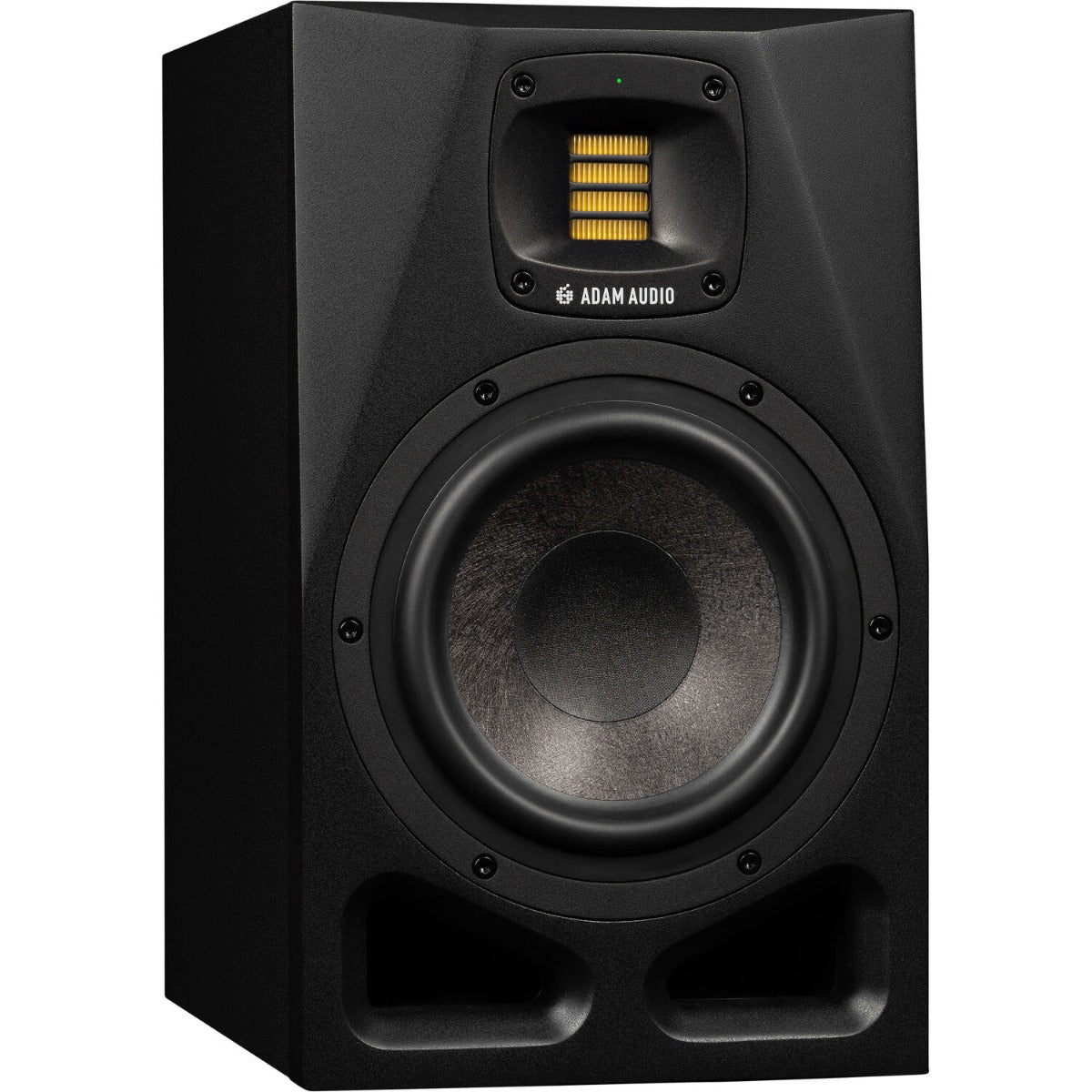 Adam Audio A7V active nearfield monitors shown with sleek black enclosures and detailed speaker drivers.
