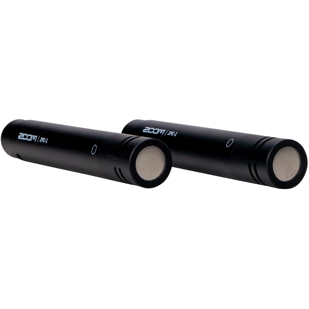 Zoom ZPC-1 shotgun microphone mounted on a stand, featuring a sleek black design for professional audio recording.