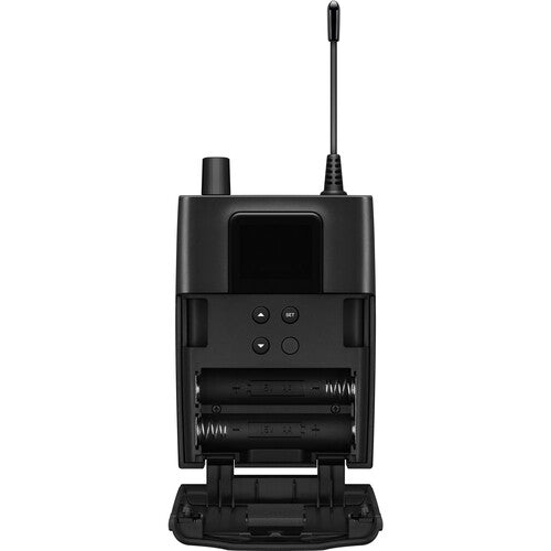 Sennheiser XSW IEM Set wireless microphone system with receiver and in-ear monitors, black compact design.