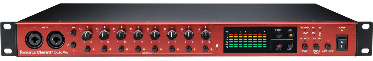Focusrite Clarett+ OctoPre microphone preamp unit with multiple input channels and control knobs for professional audio recording.