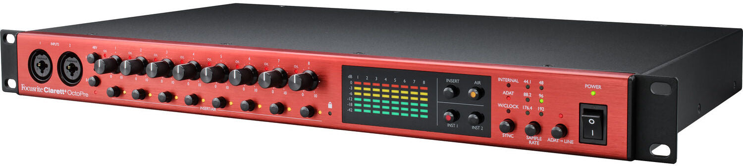 Focusrite Clarett+ OctoPre microphone preamp with multiple input channels and control knobs on a professional audio device.