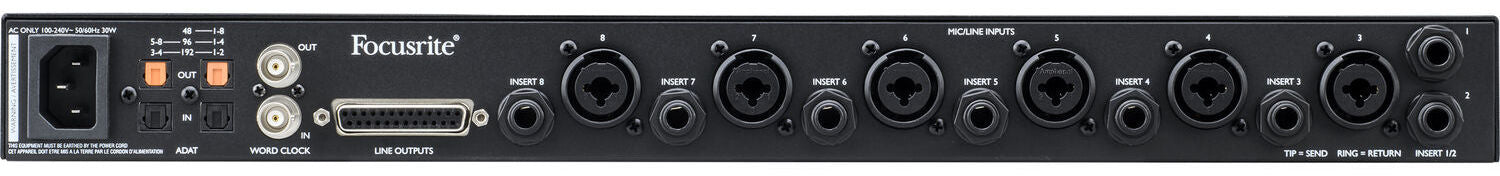 Focusrite Clarett+ OctoPre microphone preamp with multiple input channels and professional audio interface features.